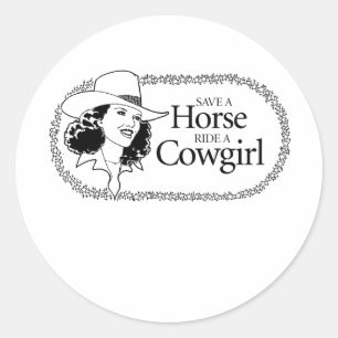 Rette ein Pferd. Reite eine Cowgirl. Runder Aufkleber
