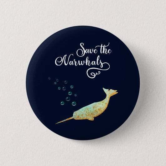 Retten Sie das Narwhals. Aquarell, Button (Vorderseite)
