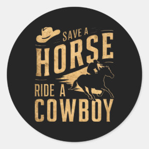Retten Sie eine Pferdereifahrt Ein Cowboy Der Sonn Runder Aufkleber