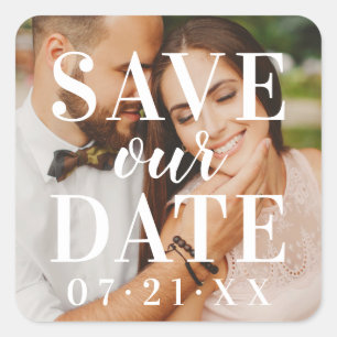 Retten unser Date White Overlay Wedding Foto Custo Quadratischer Aufkleber