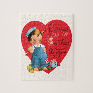 Retter Valentinstag, Vintage-Junge fischt nach Her Puzzle
