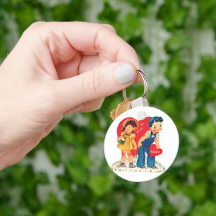 Retter Valentinstag, Vintage Mädchen und Jungen He Schlüsselanhänger