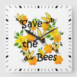Rettet die Bienen, Honigwabe und gelbe Blumen Quadratische Wanduhr