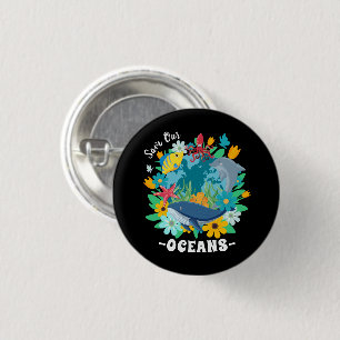 Rettet unsere Ozeane Blumenwal Farbdesign Erde Button