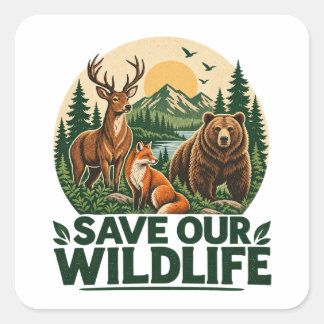 Rettet unsere Wildtiere Vintage Waldtier Quadratischer Aufkleber