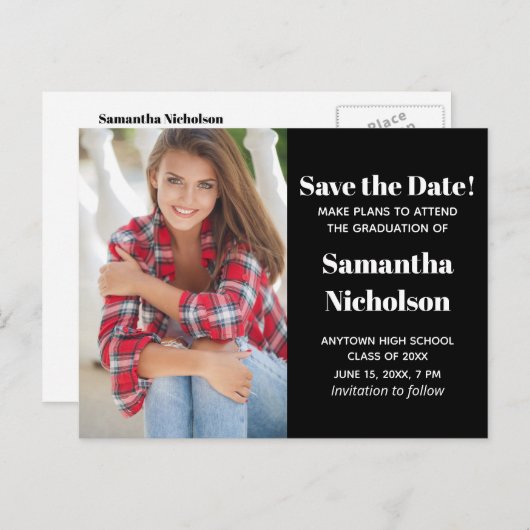 Rettetest des Fotos mit dem bearbeitbaren schwarze Ankündigungspostkarte (Vorne/Hinten)