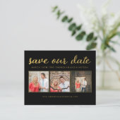 Rettetest unseres Datums Schwarze Gold Typografie Ankündigungspostkarte (Stehend Vorderseite)