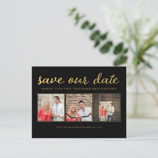 Rettetest unseres Datums Schwarze Gold Typografie  Ankündigungspostkarte (Stehend Vorderseite)