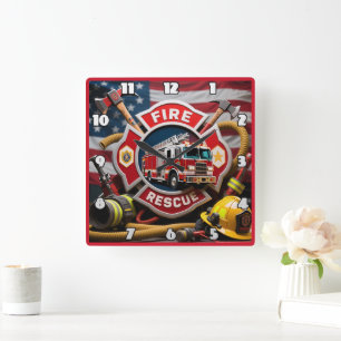 Rettungsausrüstung für Feuerwehrhelden Quadratische Wanduhr