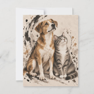 Rettungshund und Katze zusammen Ink-Wash-Kunstkart Dankeskarte