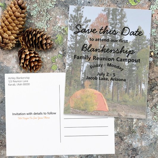 Reunion Party Camping Save The Date Template Ankündigungspostkarte