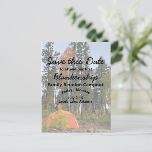 Reunion Party Camping Save The Date Template Ankündigungspostkarte (Stehend Vorderseite)