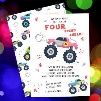 Rev your Motor 4th Birthday Monster Car Trucks Einladung