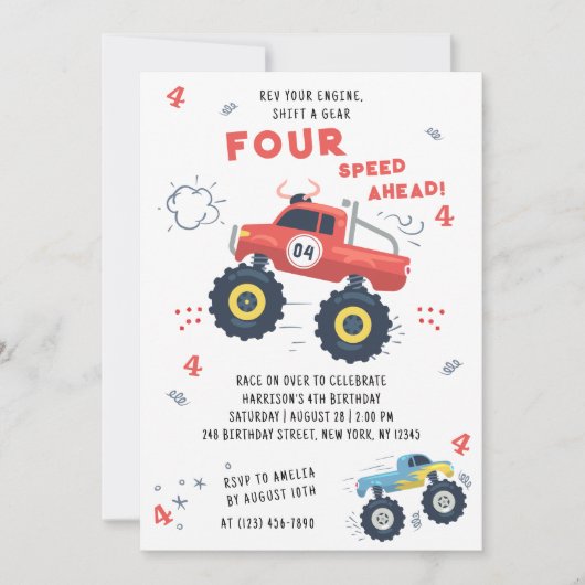 Rev your Motor 4th Birthday Monster Car Trucks Einladung (Vorderseite)