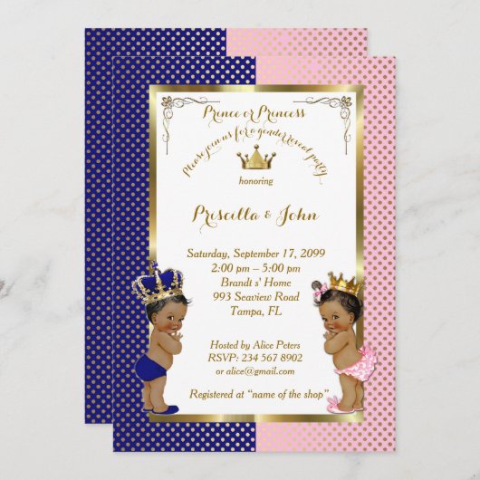 Reveal Baby Shower, blau, rosa, gold Einladung (Vorne/Hinten)