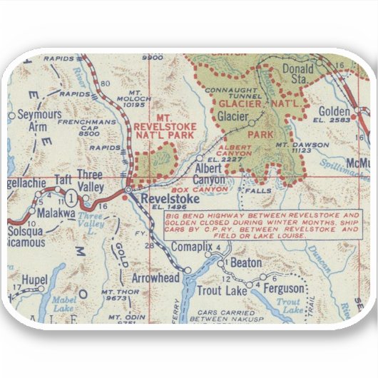 Revelstok BC Vintag Map Aufkleber (Vorderseite)