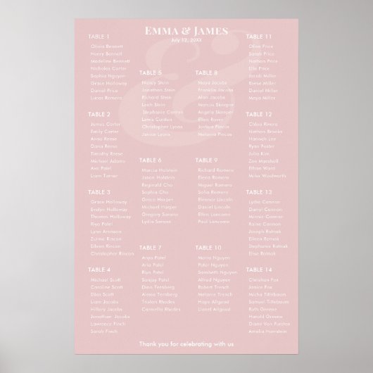 REVERSE Blush Ampersand Hochzeit | 14 Sitzplan Poster (Vorne)