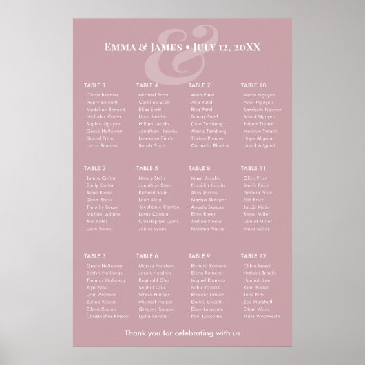 REVERSE Mauve Ampersand Hochzeit | 12 Sitzplan Poster (Vorne)