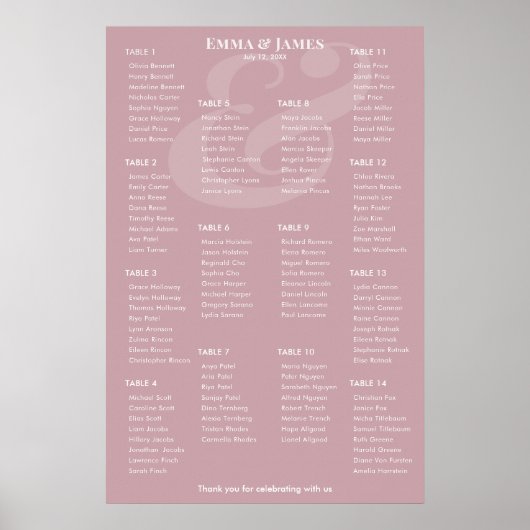 REVERSE Mauve-Etikett Hochzeit | 14 Sitzplan Poster (Vorne)