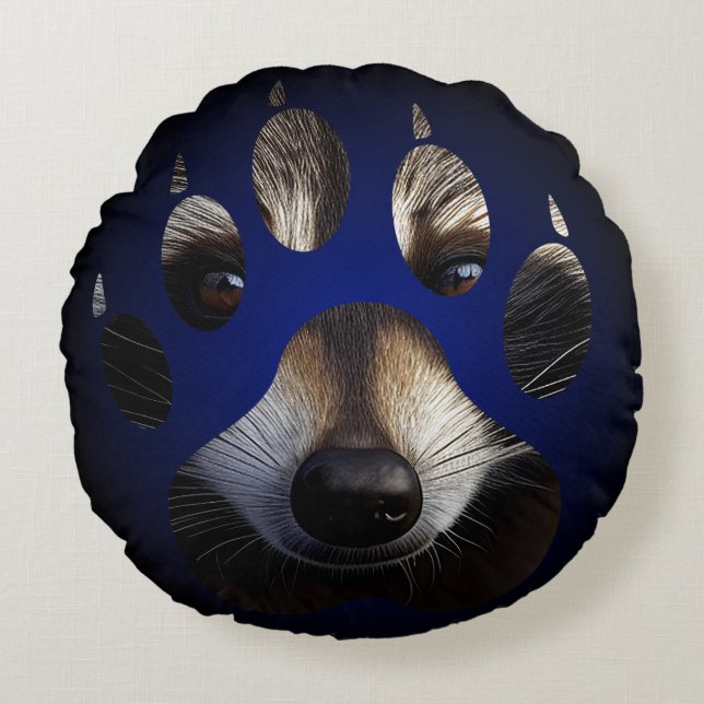 Reversible Gesichter Racoon Paw Print Rundes Kissen (Vorderseite)