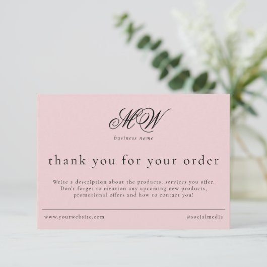 Review Order Packaging Insert Script Monogram Pink Dankeskarte (Stehend Vorderseite)