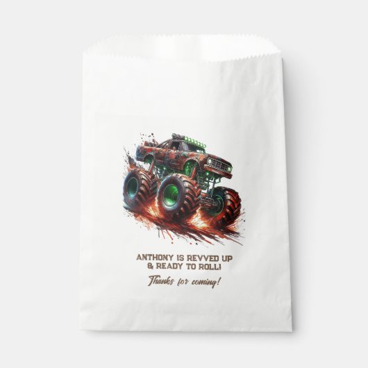 "Revved Up & Ready to Roll" Monster Truck Geburtst Geschenktütchen (Vorderseite)