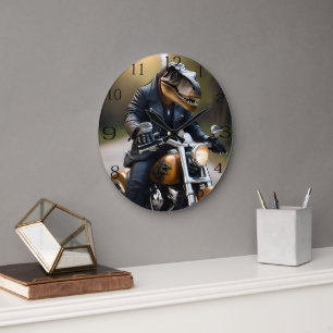 **"Revved Up Rex: T-Rex in Leathers on a Motorbike Große Wanduhr