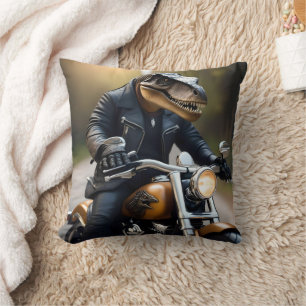 **"Revved Up Rex: T-Rex in Leathers on a Motorbike Kissen