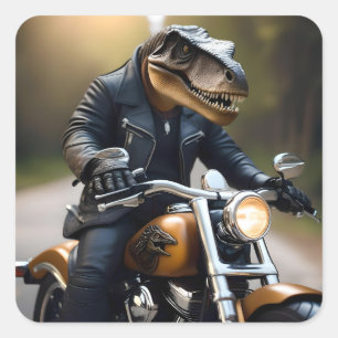 **"Revved Up Rex: T-Rex in Leathers on a Motorbike Quadratischer Aufkleber