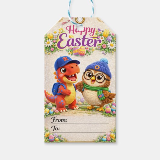Rex and hoot happy Easter dinosaur and owl gift ta Geschenkanhänger (Vorderseite)