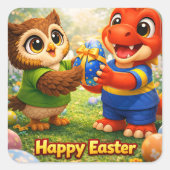 Rex and hoot happy Easter Square envelope seal Quadratischer Aufkleber (Vorderseite)