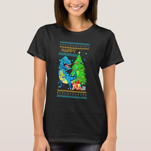 Rex Dinosaur Christmas Tree Happy Hanukkah Chanukk T-Shirt (Vorderseite)