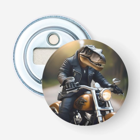 Rex: T-Rex in Leathers auf einem Motorrad, Flaschenöffner (Vorderseite)