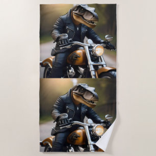 Rex: T-Rex in Leathers auf einem Motorrad, Strandtuch