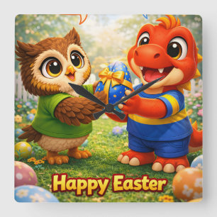 Rex und Hoot Frohe Ostern quadratische Acryl-Wandu Wanduhr