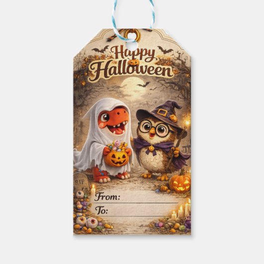 Rex und Uhu Halloween-Geist-Dinosaurier, in dem Eu Geschenkanhänger (Vorderseite)