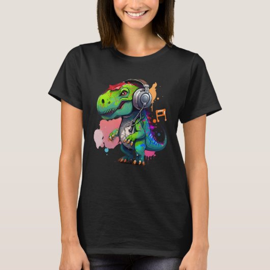 rex with headphones music cute dinosaur for kids T-Shirt (Vorderseite)