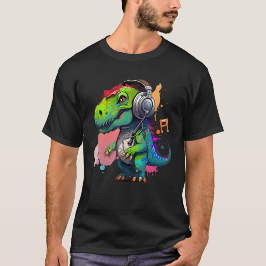 rex with headphones music cute dinosaur for kids T-Shirt (Vorderseite)