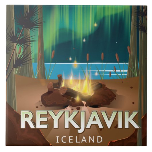 Reykjavik Camping Vintage Travel Poster Fliese (Vorderseite)