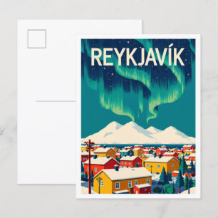 Reykjavik Island Art Vintag Illustration Travel Postkarte