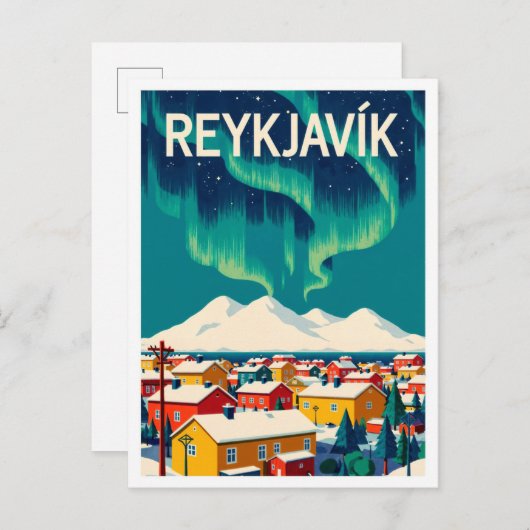 Reykjavik Island Art Vintag Illustration Travel Postkarte (Vorne/Hinten)