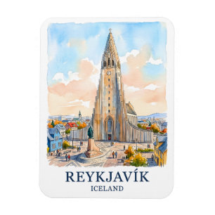 Reykjavik Island Kirche Wasserfarbe Skyline Reise Magnet