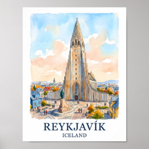 Reykjavik Island Kirche Wasserfarbe Skyline Reise Poster