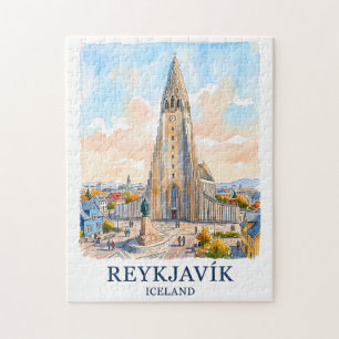 Reykjavik Island Kirche Wasserfarbe Skyline Reise Puzzle