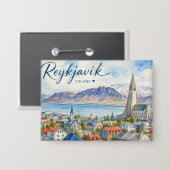 Reykjavik Island Souvenir Wasserfarbe Button (Vorderseite/Rückseite)