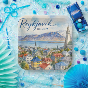 Reykjavik Island Souvenir Wasserfarbe Pappteller
