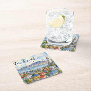 Reykjavik Island Souvenir Wasserfarbe Rechteckiger Pappuntersetzer