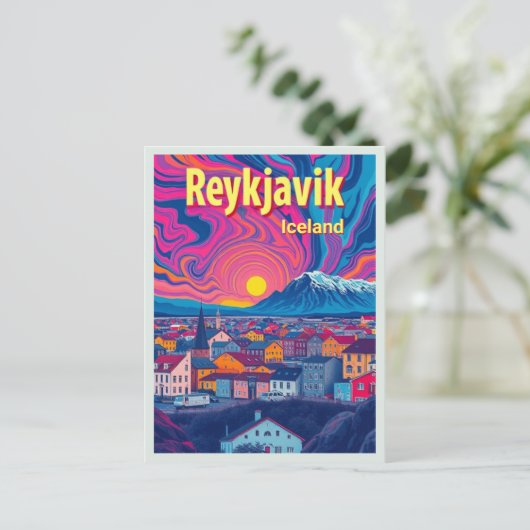 Reykjavik Island Urlaub farbenfroh Retro Postkarte (Stehend Vorderseite)
