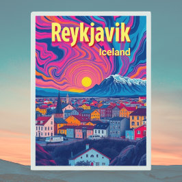 Reykjavik Island Urlaub farbenfroh Retro Postkarte