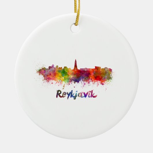 Reykjavik Skyline in Aquarellon Keramikornament (Vorne)